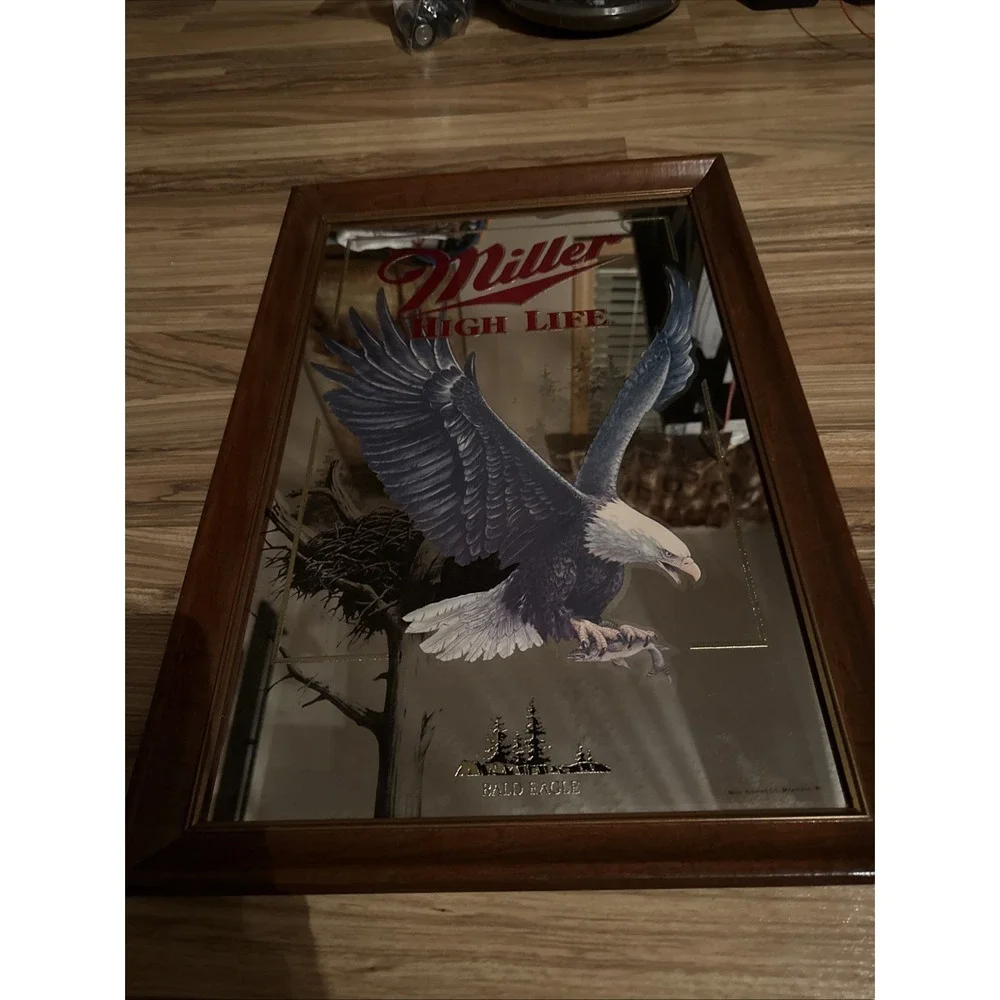 Vintage Miller High Life Bald Eagle Mirror Sign – Wildlife Series – Framed – USA